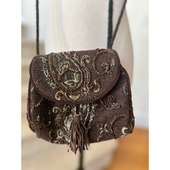 Vintage Marco Avane Brown Tapestry Beaded Pouch Fringe Crossbody - Picture 2 of 7